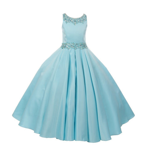 Big Girls Aqua Shimmery Beaded Pleated Dull Satin Junior Bridesmaid Dress 8-16 - SophiasStyle.com